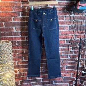 👖 Sailor-Style Jeans — Dark Wash Blue — Front Patch Pockets — Stretch — Sz ~30